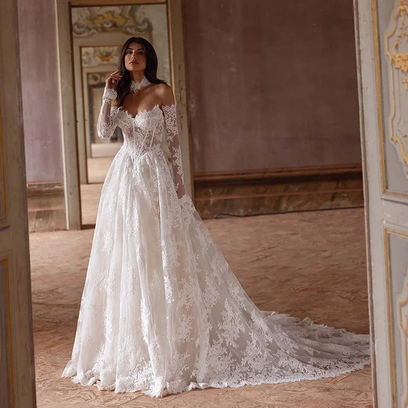 Ol clássico vestido de casamento sem alças mangas completas drapeado trem real renda branca vestido de noiva personalizado luxo robe de mariée