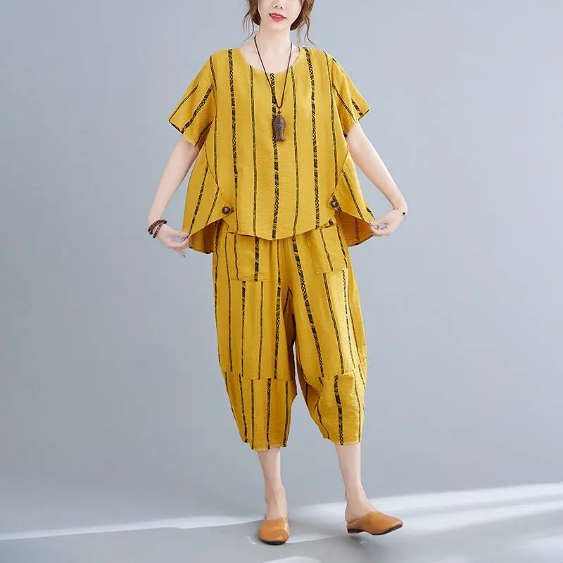 Cotton Linen T Shirts Sets Korean Style Vintage Stripe Loose Oversized T-shirt and Capri Pants Casual 2 Piece Set Summer Trend