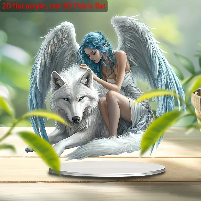 Boho-Chic Acrylic Wolf and Winged Figure Decor with Stand, Universal Gift for All Occasions, Collectible Figurine for Home