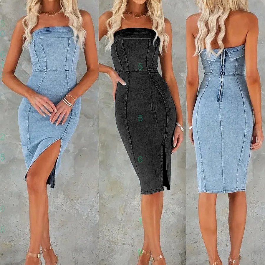 Sexy Denim Bodycon Dress Tube Top Fitted Dresses Spliced Spring Summer