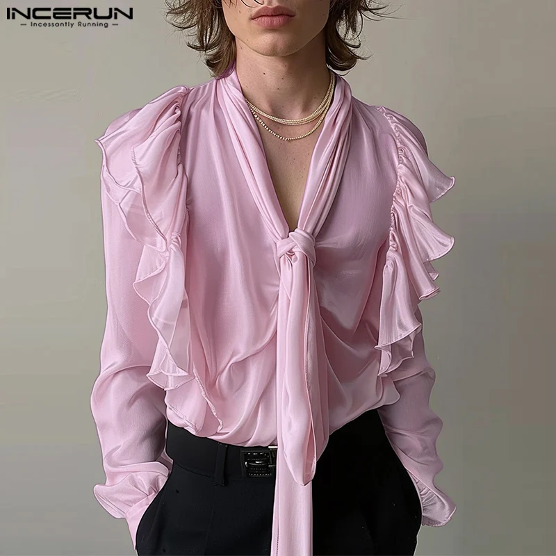 

INCERUN Tops 2024 American Style Fashion Sexy Men Loose Tie Design Ruffled Shirt Casual Clubwear Solid Long Sleeved Blouse S-5XL