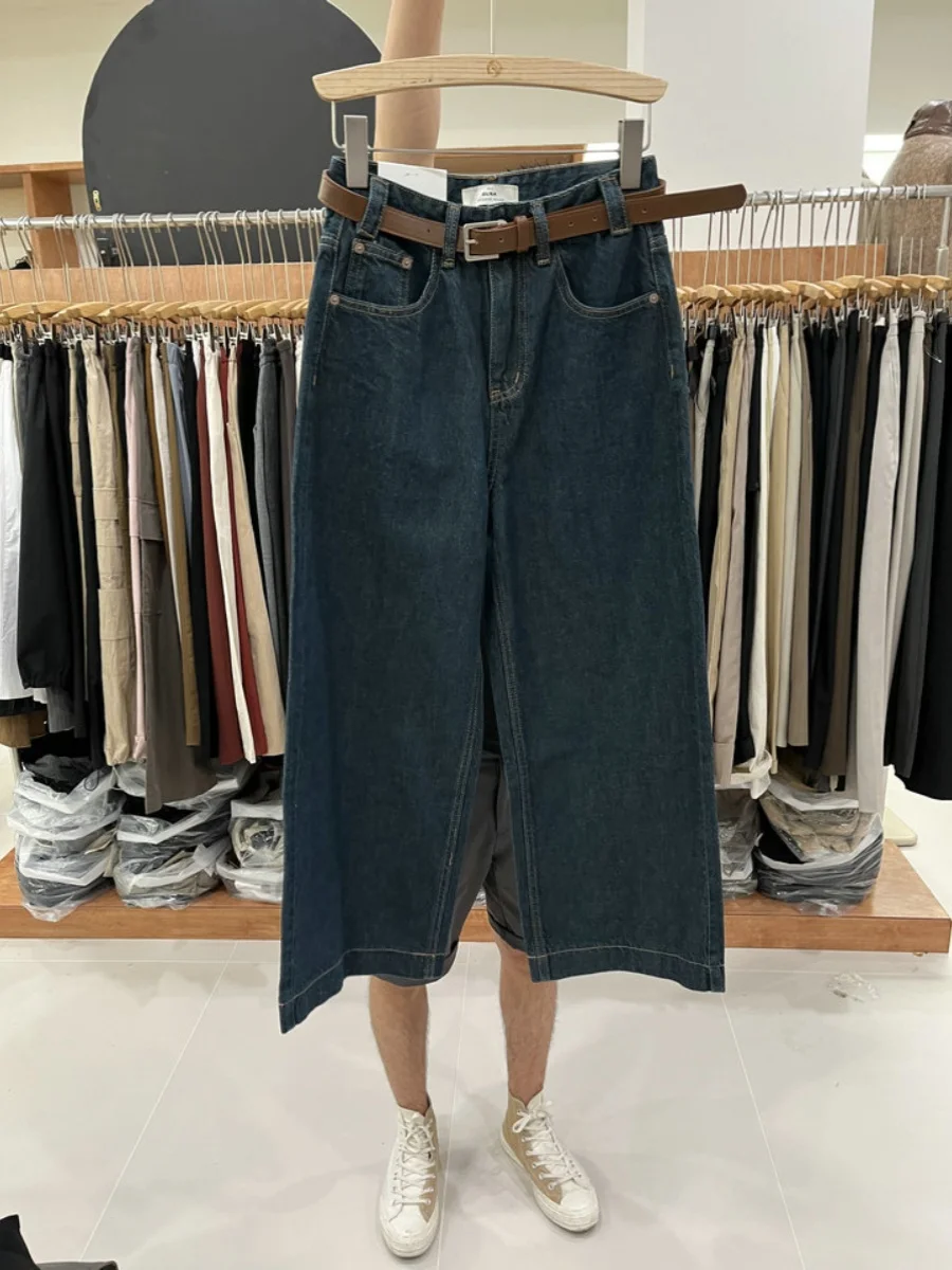 

Элегантные джинсы с высокой талией, широкими штанинами и поясом, стройнящие, новинка весеннего сезона, джинсовые брюки для женщин, осенний сезон