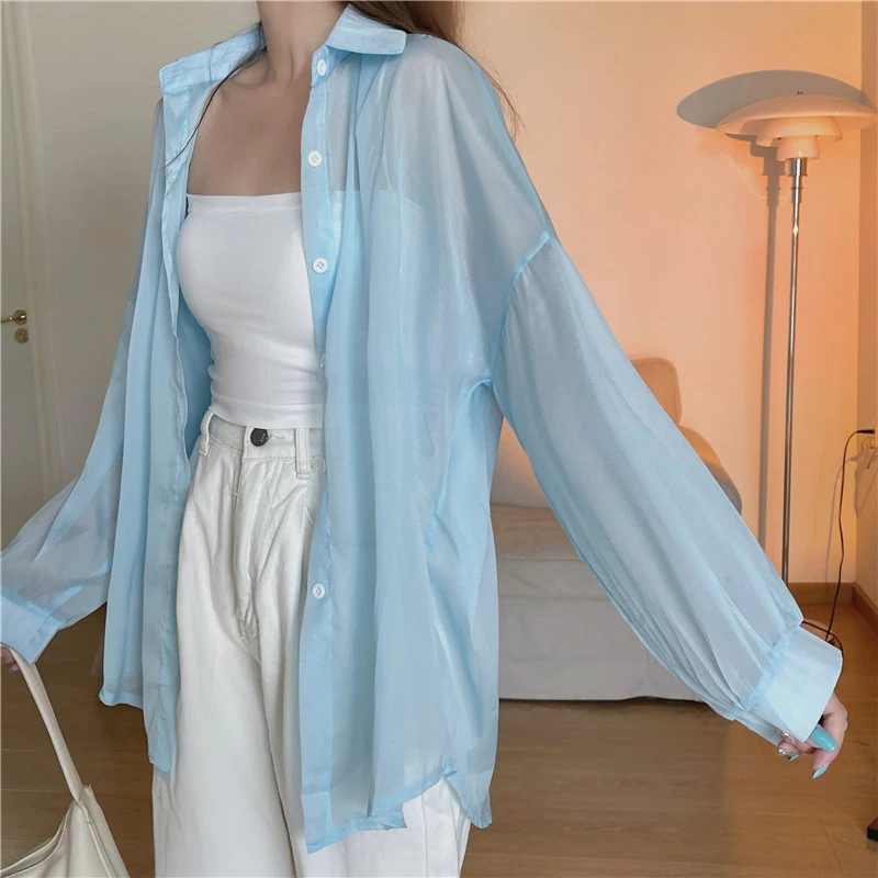 MEXZT Streetwear White Chiffon Shirts Women Korean Black Sheer Sun Protection Blouses Summer Fashion Long Sleeve Loose Tops New