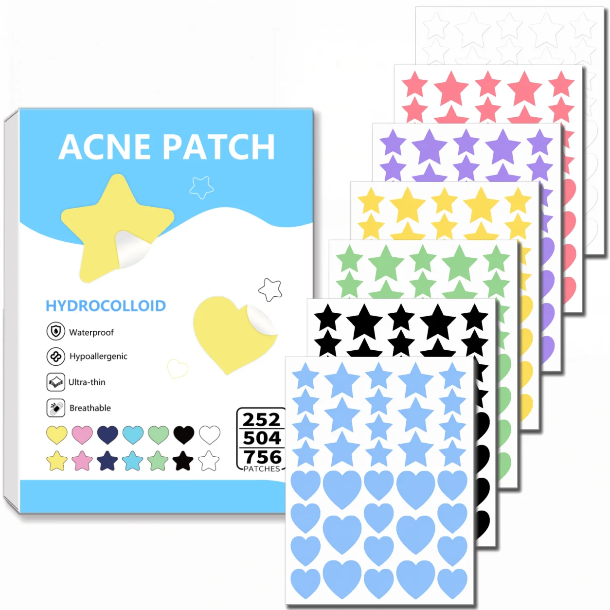 252/504/756PCS Hydrocolloid Acne Patches 7 Colors Star Heart Ultra Thin Waterproof Face Blemish Cover Stickers