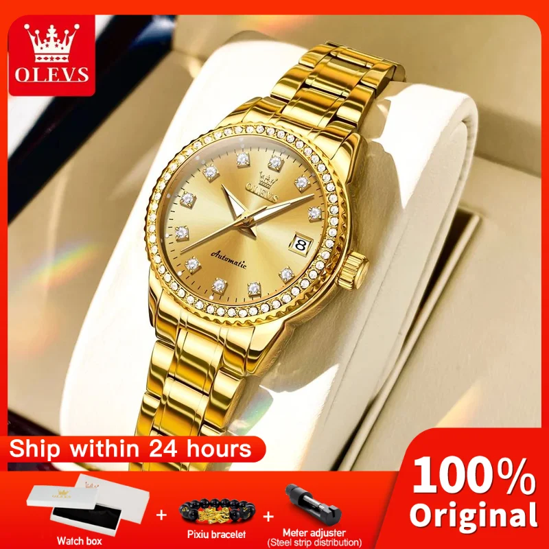 OLEVS 7003 Women Watch Original Automatic Mechanical Watch For Women Sparkling Diamond Dial Waterproof Luminous Date Reloj