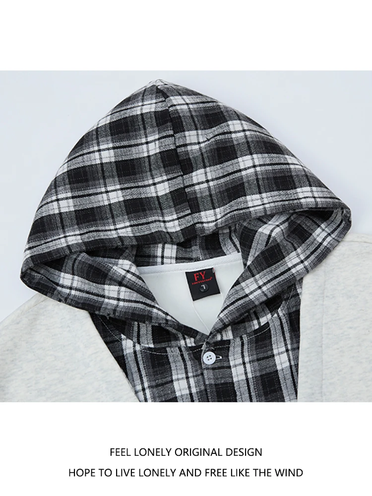 American Fashion Trend Plaid Patchwork Fleece Hooded Sweatshirt Jacket Unisex Autumn Winter Loose Casual Top