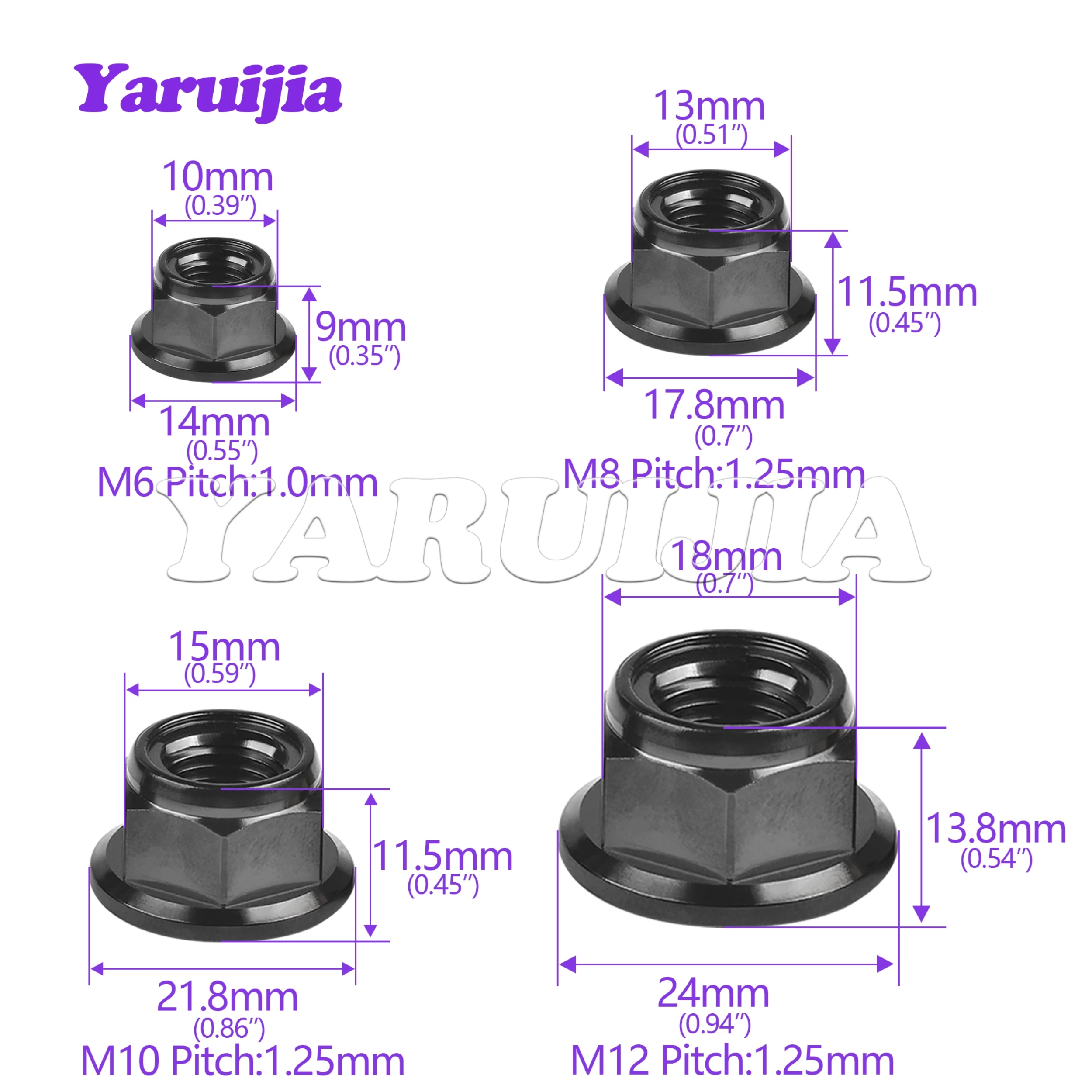 Yaruijia Titanium Nut M6 Pitch1.0/M8/M10/M12 Pitch1.25 Flange Lock Nuts for Cycling Modification