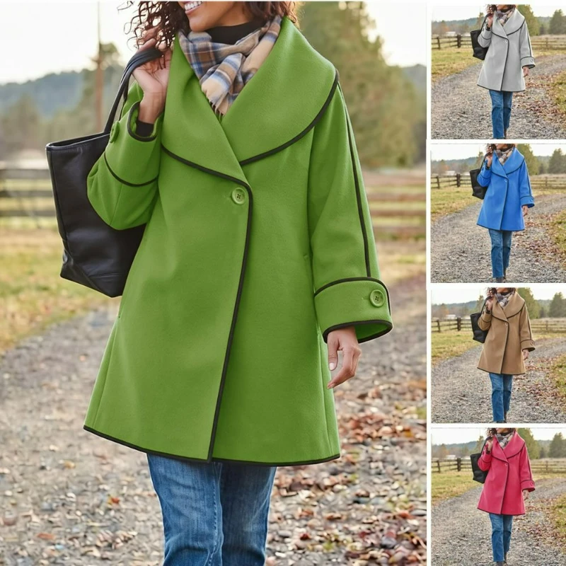 Women Turn Down Collar Wool Midi Jackets Loose Long Sleeve Patchwork Buttons Casual Blends Jackets T2k Streetwear Autumn Winter