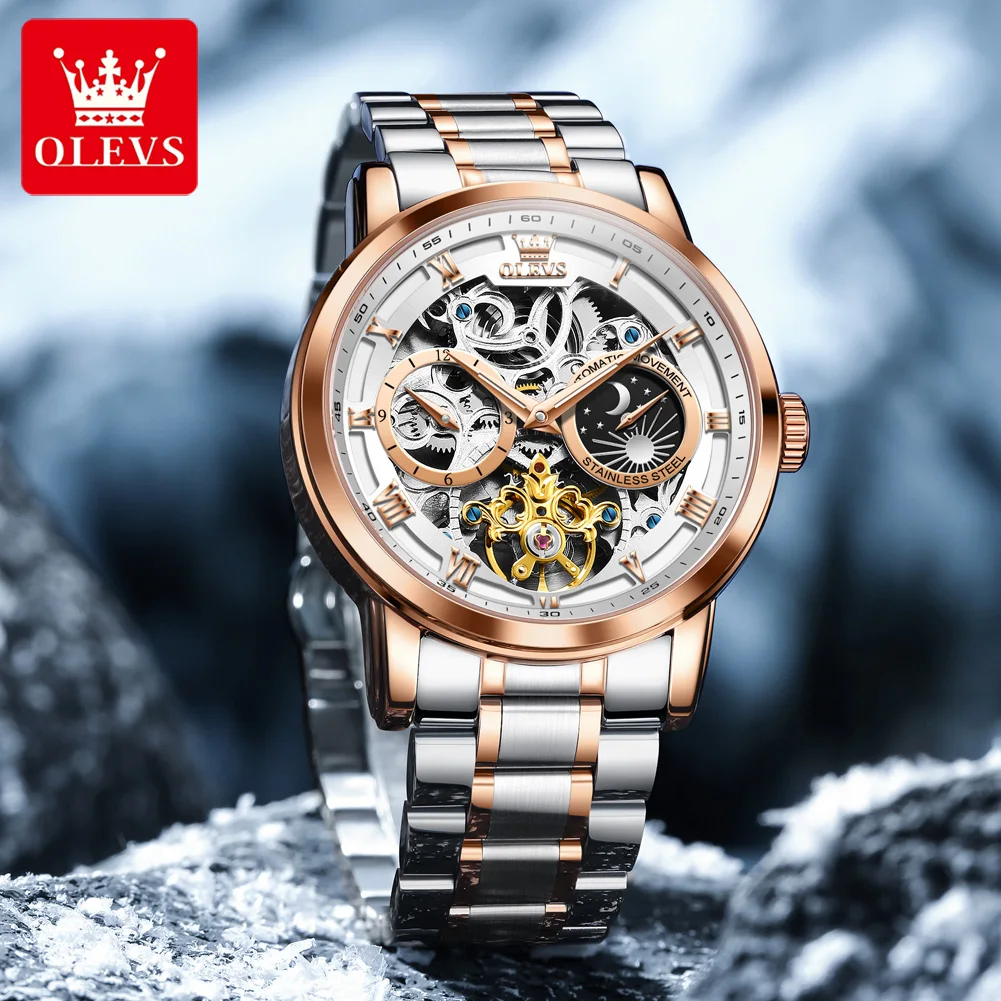 OLEVS 6670 Men Watch Luxury Brand All Automatic Mechanical Watch Trend Classic Hollow Moon Phase Waterproof Men Watch Gift Reloj