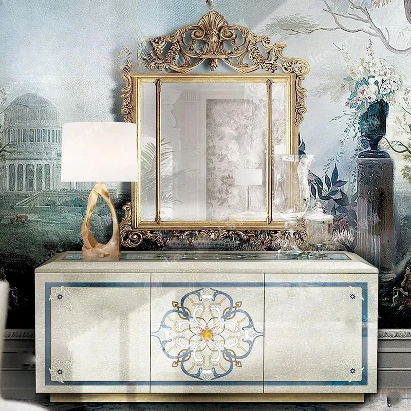 French shell inlaid parquet side cabinet, entrance cabinet mahogany storage cabinet with mirror against the wall locker