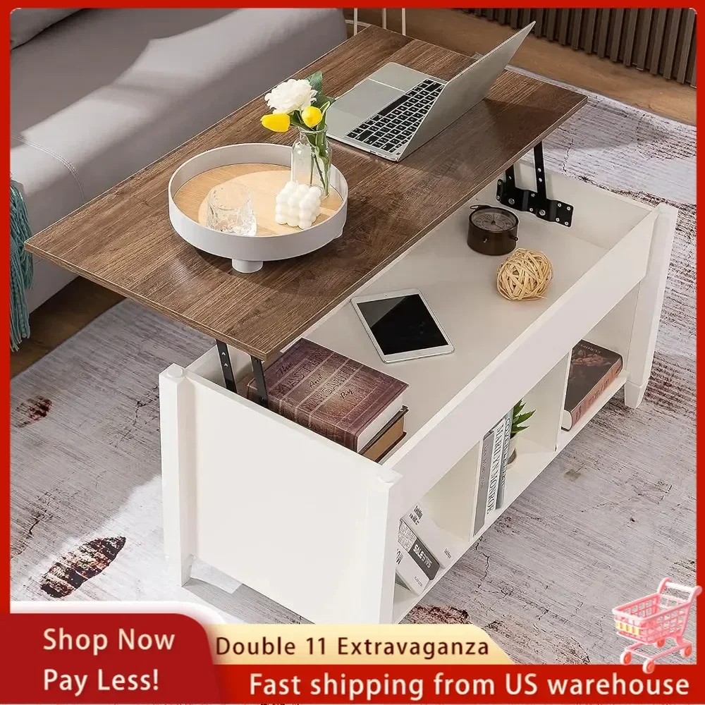 White Coffee Table with Lift Top, Lift Up Coffee Table with Storage Shelf/Hidden Compartment, Pop Up Coffee Table