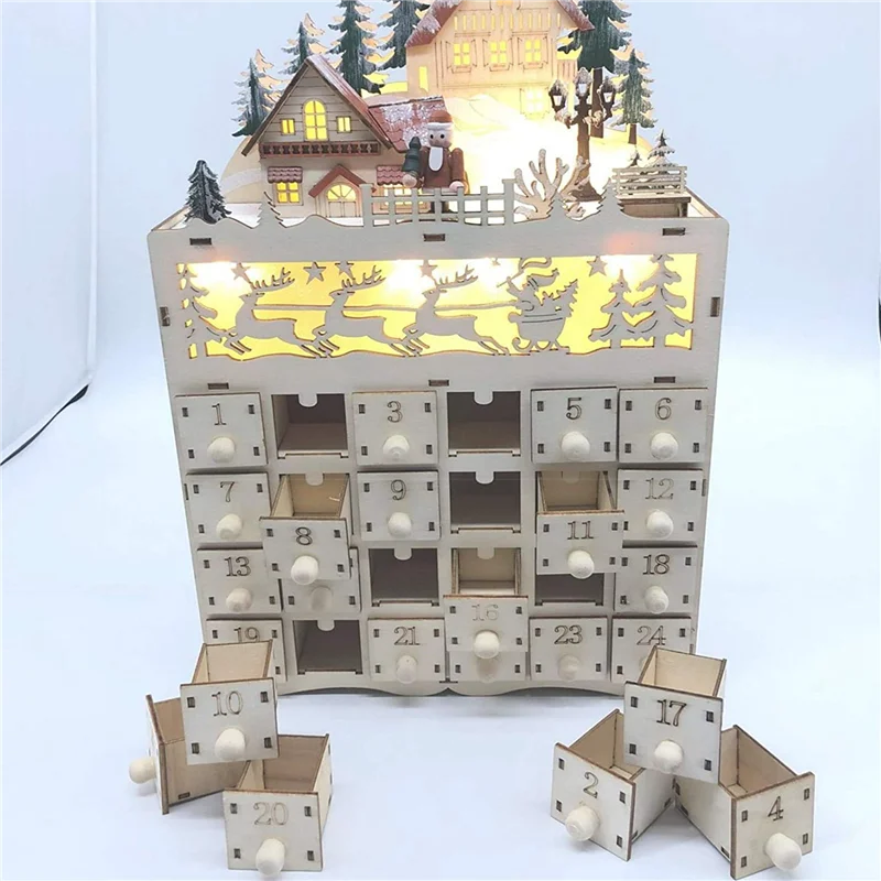 

ABYN-2X Wooden Christmas Advent Calendar Countdown To Christmas LED Holiday Decoration 24 Drawers With LED Light