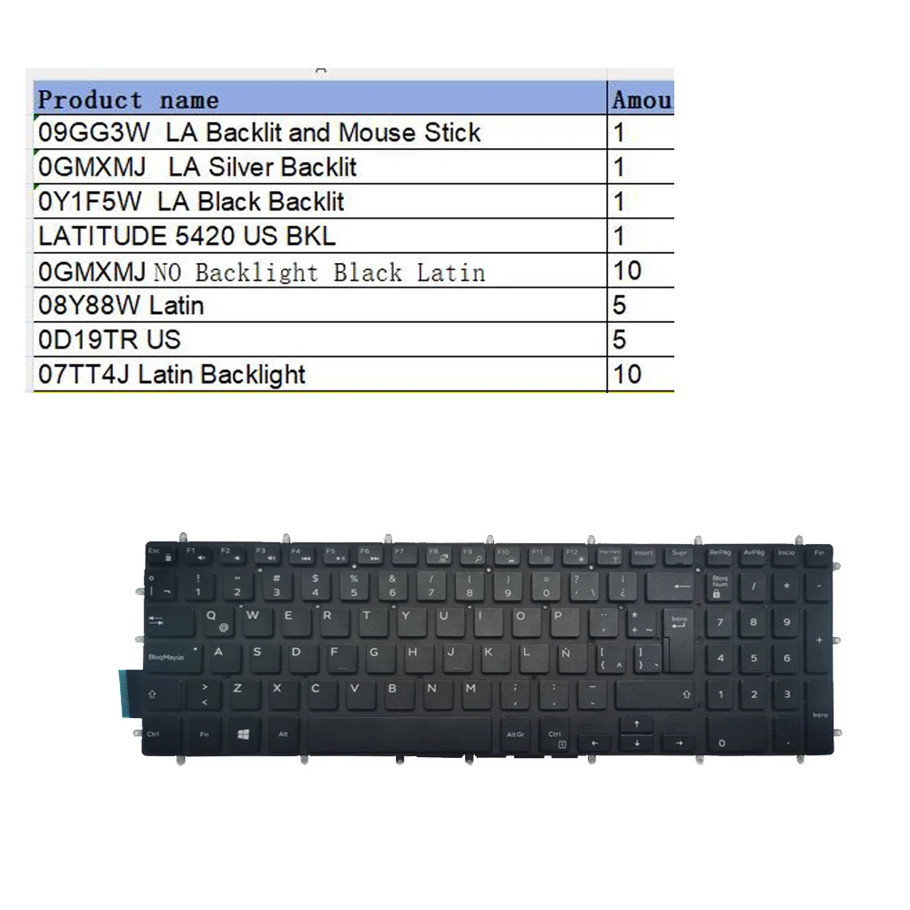 

New Latin Keyboard For 09GG3W Backlit and Mouse Stick..