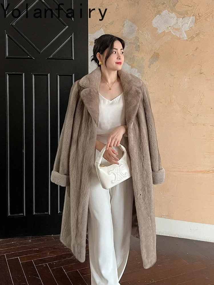 YOLANFAIRY معطف الشتاء الفراء الحقيقي المرأة دعوى طوق المخملية معاطف فرو المنك الكامل للنساء سترات طويلة من الفرو كم سحب الدانتيل يصل