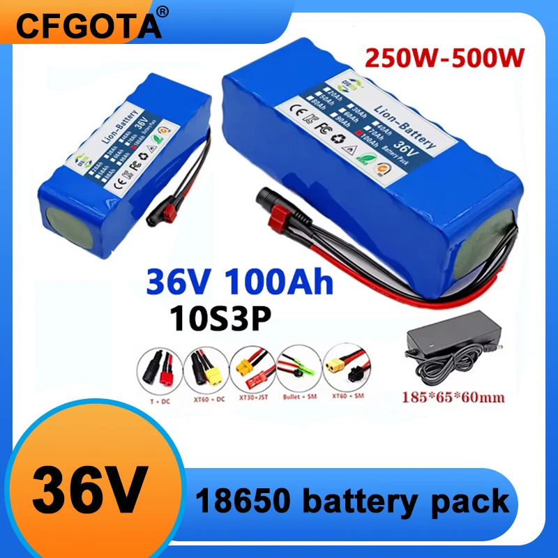 NEW 36V 100Ah 18650 battery pack 10S3P 100000mAh built-in 15A BMS, 250W-500W battery+42V 2a charger