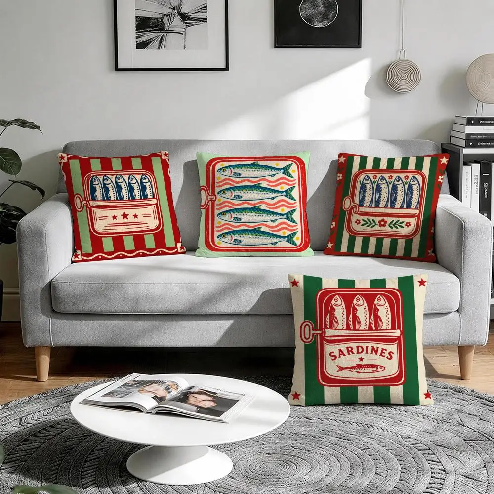 Sardine Tin Cushion Cover 1/4Pcs Linen Throw Pillow Covers Double-Side Print Sofa Couch Living Room Decor
