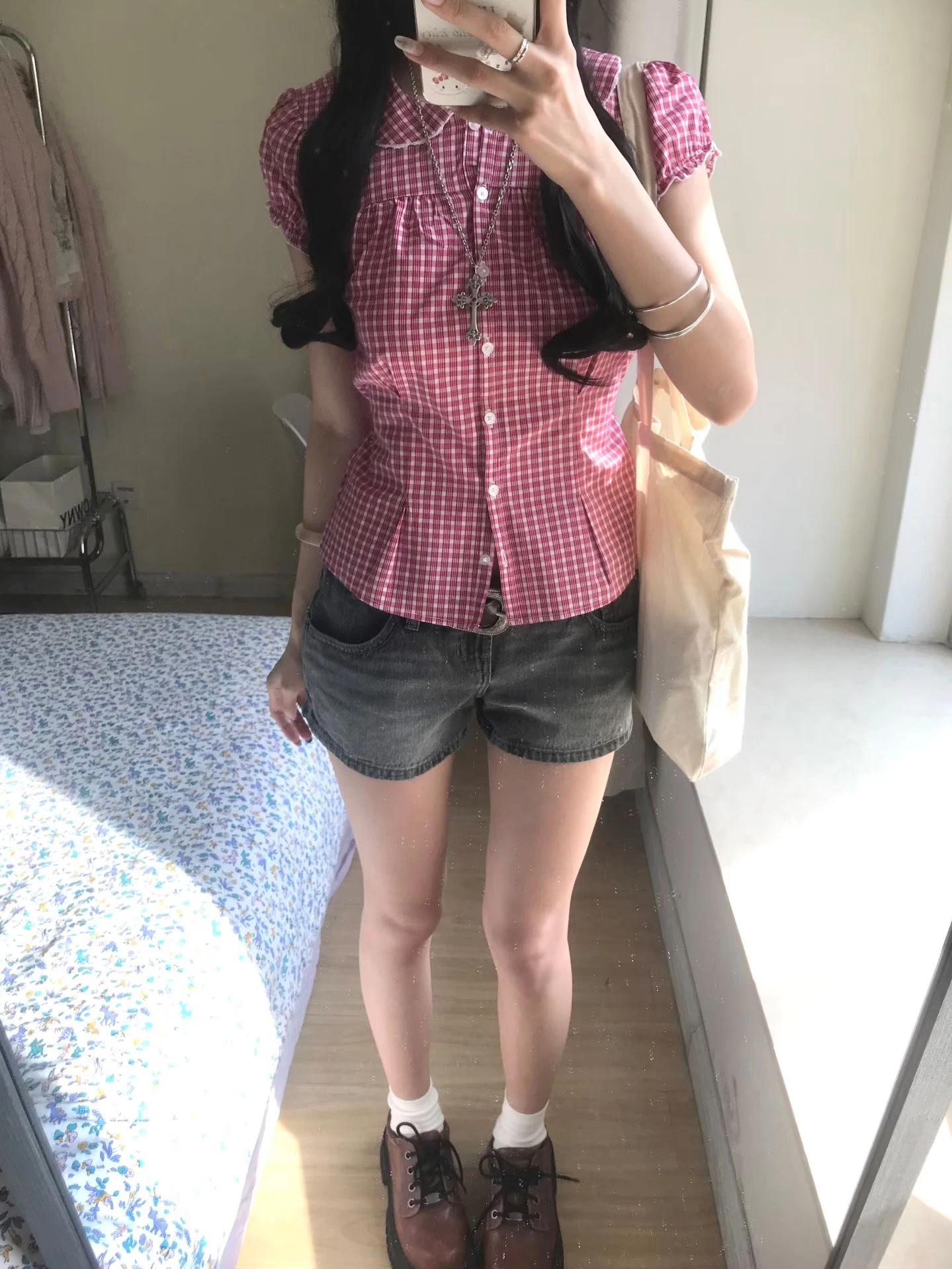 Red Plaid Back Lace-up T-shirt - Summer Clothing Modest ulasan dan harga