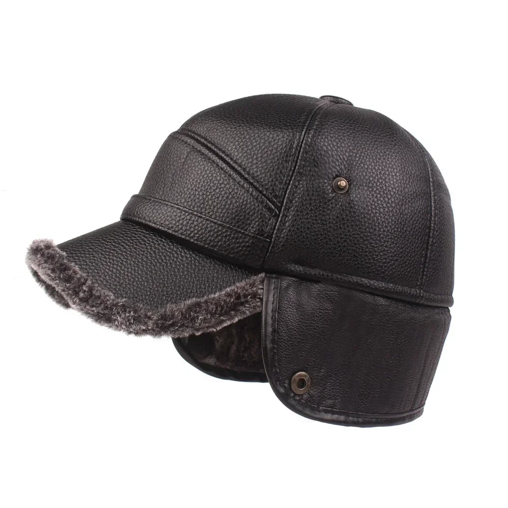 2024 New Winter Mens Leather Cap Warm Baseball Cap with Ear Flaps Thick Fur Caps for Winter Bomber Hats