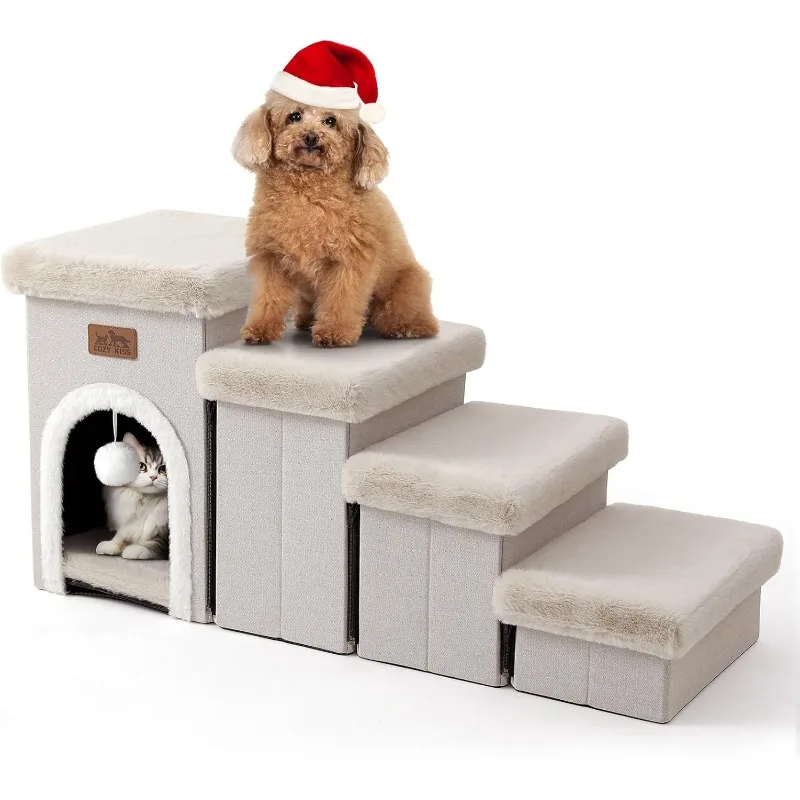 

Pet Stairs with Storage or Condo, 17.5" H Small Dogs Foldable Ramp with Soft Cover, Older Cat Steps for Bed Couch Sofa, Stable,