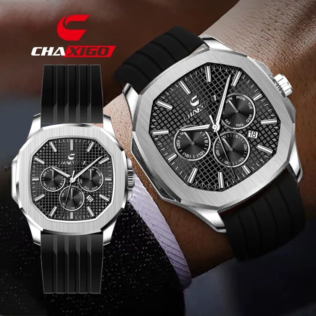 CHAXIGO العلامة التجارية الفاخرة رجل ساعة عالية الجودة مقاوم للماء ساعة يد رجالي سيليكون الرجال ساعات كوارتز ساعة عادية