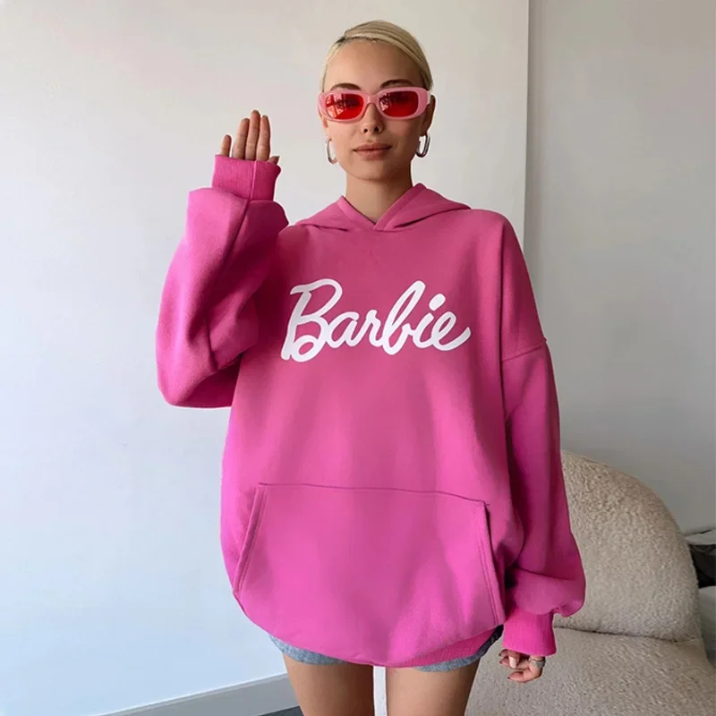 

2023 Autumn and Winter New Barbie Kawaii Casual Pink Letter Printed Loose Hooded Sweatshirt Cute Women's Top Coat Girls Gifts