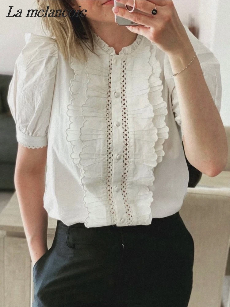 

Lace Hollow Splicing Shirts Women Summer 2024 New Fashion French Embroidered Chic Blouse Button Up Bubble Sleeve Loose Solid Top