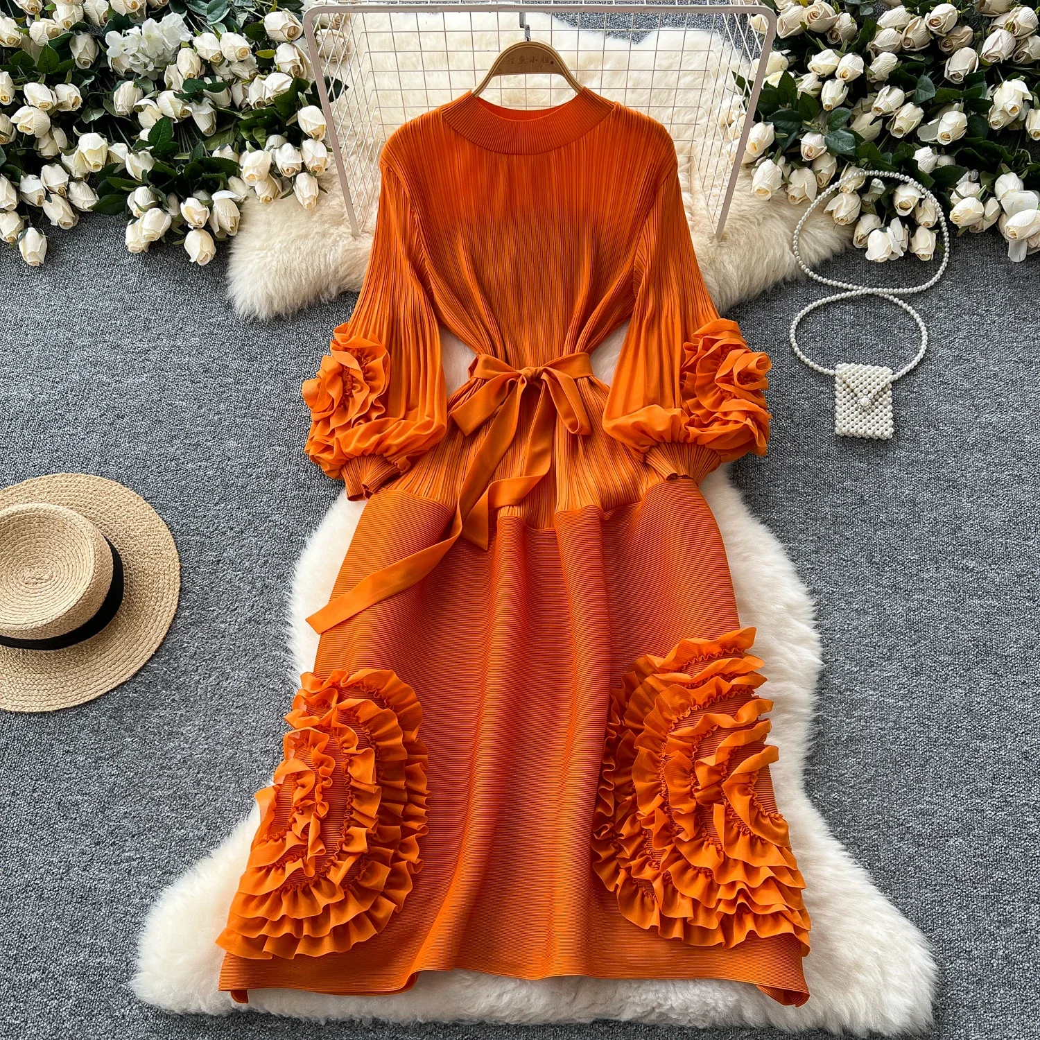 Vintage sukienka z wysokim stanem plisowana trójwymiarowa latarnia w kwiaty z długim rękawem sukienka z dekoltem w kształcie litery "o" szykowna jesienna sukienka damska Vestidos