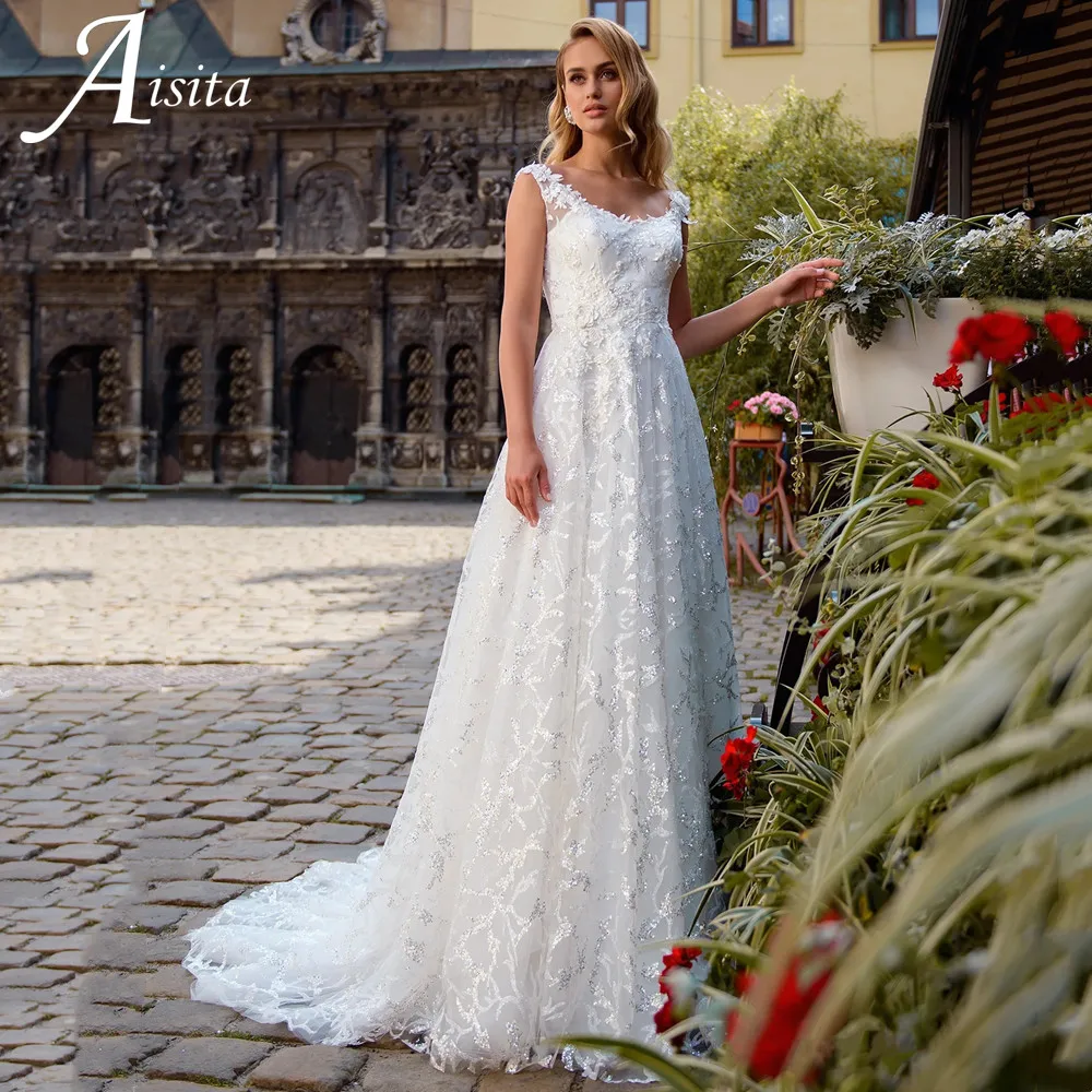 Robe de mariée classique en dentelle, ligne A, longueur au sol, col rond, sans manches, plus visible, belle courbe de silhouette