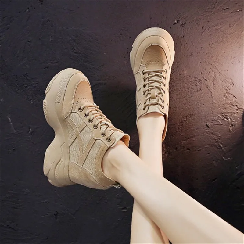 Women Sneakers Leather Casual Platform Trainers Black Shoe 11CM Heels Autumn Wedges Breathable Woman Height Increasing Shoes New