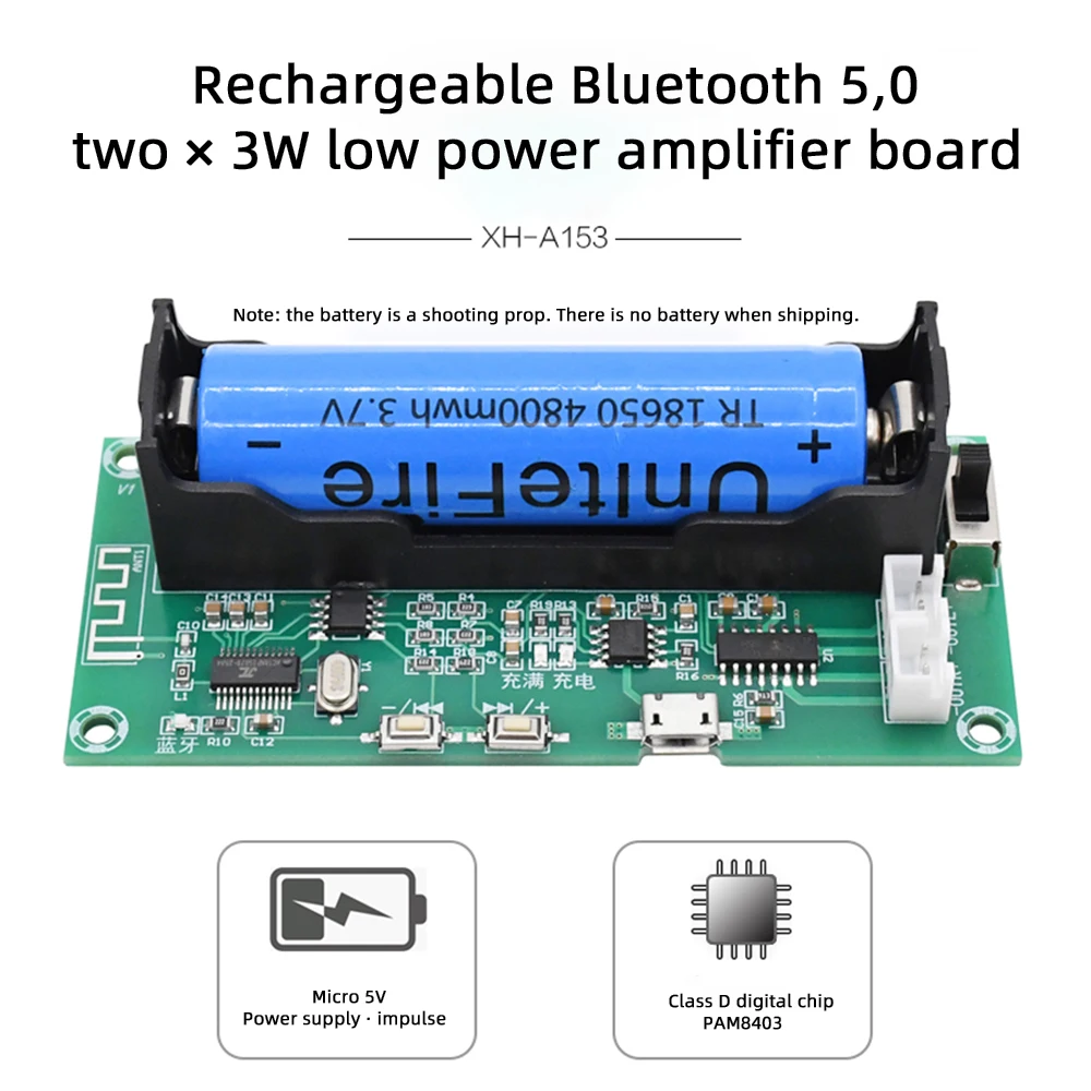 XH-A153 Bluetooth-Compatible Audio Amplifier Board DC 5V 3W*2 2.0 Channel Type-C Micro USB With 18650 Battery Case for Speakers