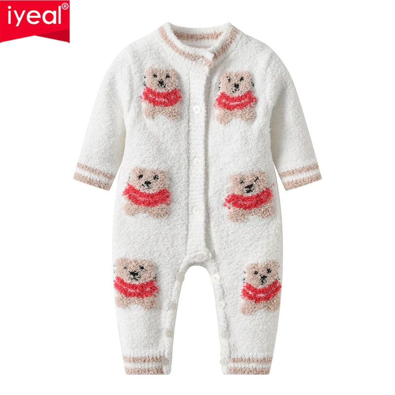 

IYEAL 2023 Autumn/Winter New Baby Warm Soft Front Open Button Bodysuit Little Bear Fleece Knit Jumpsuit