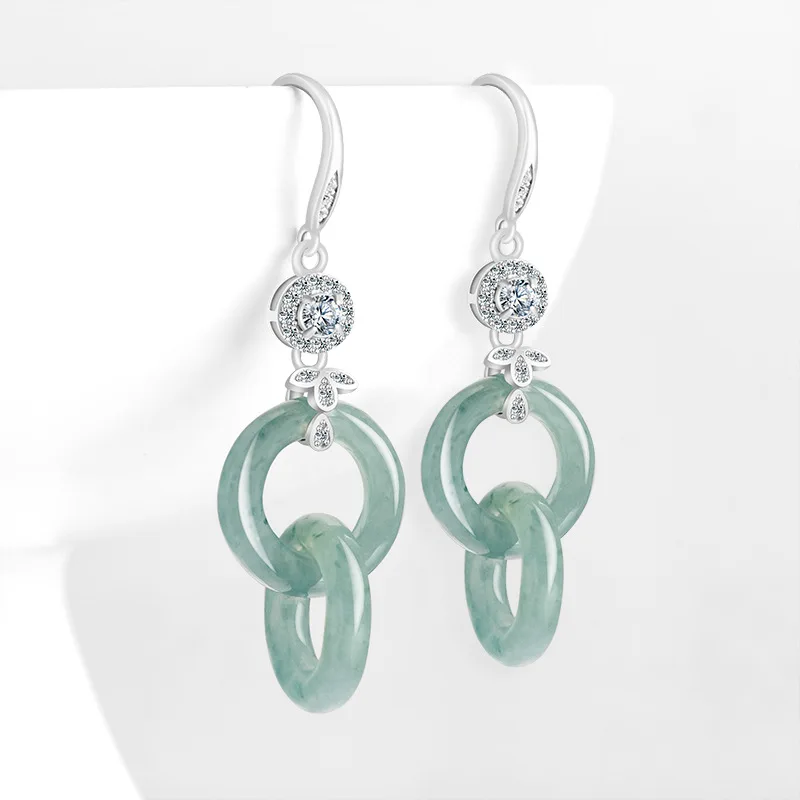 Blue Burmese Jadeite Bicyclic Ring Earrings Carved Gemstone Fashion Accessories Real Jewelry 925 Silver Stone Emerald