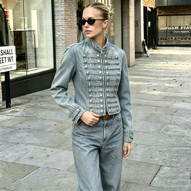 Women Y2K Cropped Denim Jacket 2026 New Arrival Stand Collar Multi Silver Buttons Long Sleeve Cotton Casual Short Jean Coat