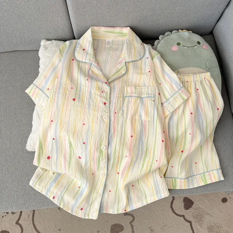 Roupa de dormir feminina, conjunto de verão com shorts de manga curta, respirável e confortável, cardigã com lapela, roupa para casa que pode ser usada fora de casa.