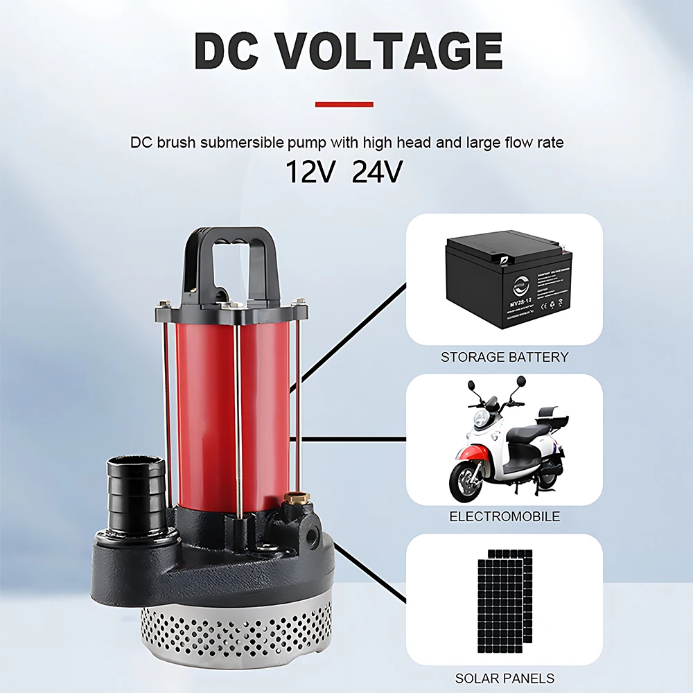 DC12/24V 250/480W Flow:10m³/h Head:18m Battery-powered Solar Submersible Pump Diameter: 1/1.5/2 Inches Irrigation/Ecology/Garden