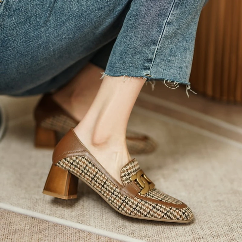 HOT SALES Women Loafers Square Toe Chunky Heel Shoes for Women Spring Women Shoes Lattice Women Pumps Cow Leather Handmade Shoes