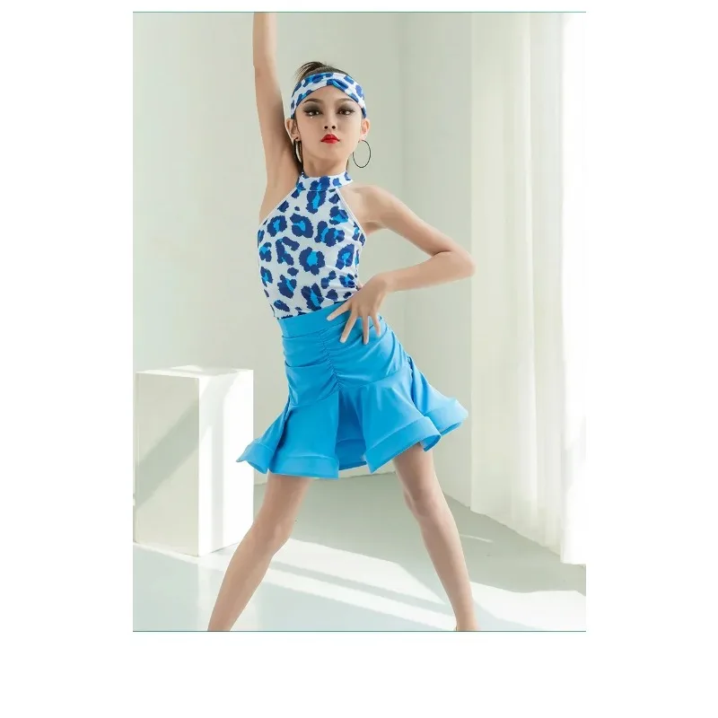 Blauwe Latin-danskostuums met luipaardprint voor kinderen, sexy patchwork, Cha Cha Tango, klassieke stijl