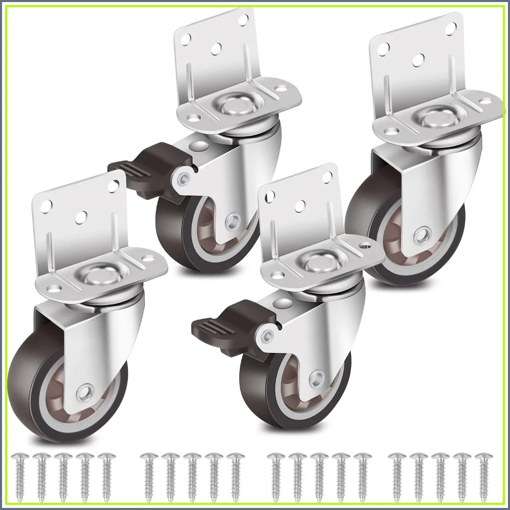 2 Inch L-Shape Side Mount Casters Set of 4, 360° Swivel Rubber Wheels with Brake, 600 LBS Capacity for Furniture, Cribs, Cabinets