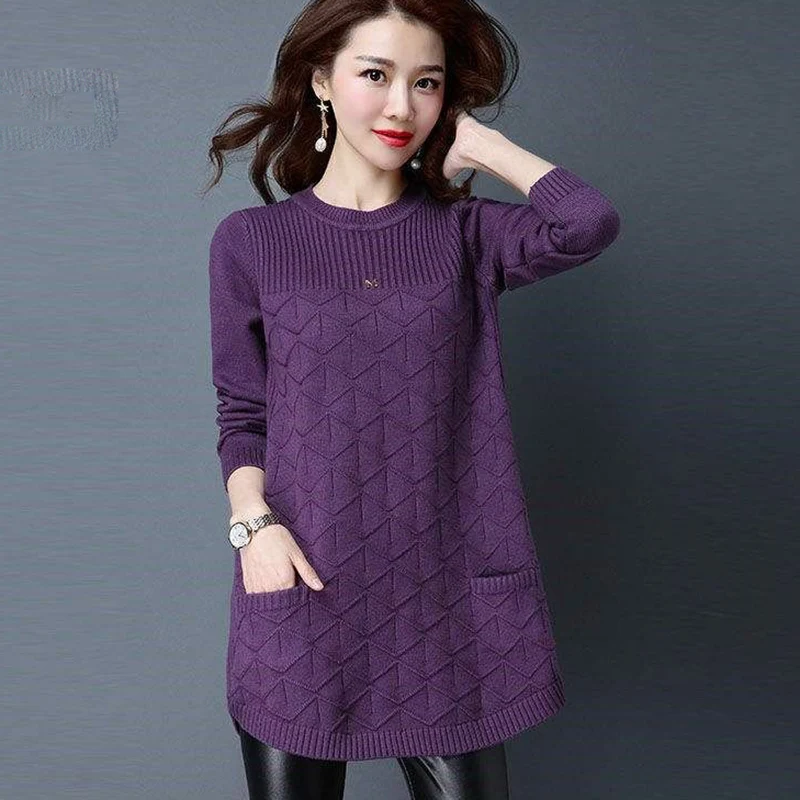 

Fashion O-Neck Solid Color Pockets Casual Sweaters Women's Clothing 2023 Autumn Winter Oversized Knitted Commuter Tops