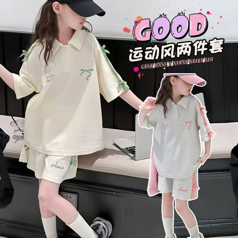 

Girls' Summer Fashionable Outfit2026New style bow for middle and older childrenPOLOShort-sleeved two-piece set with ribbon short