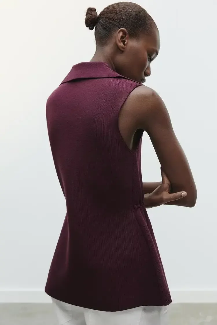 RAFZNB Damesplooien Taille Gebreid Vest Mode Turn-down Kraag Mouwloze Vesten Jassen Vrouwelijke Chique Tops