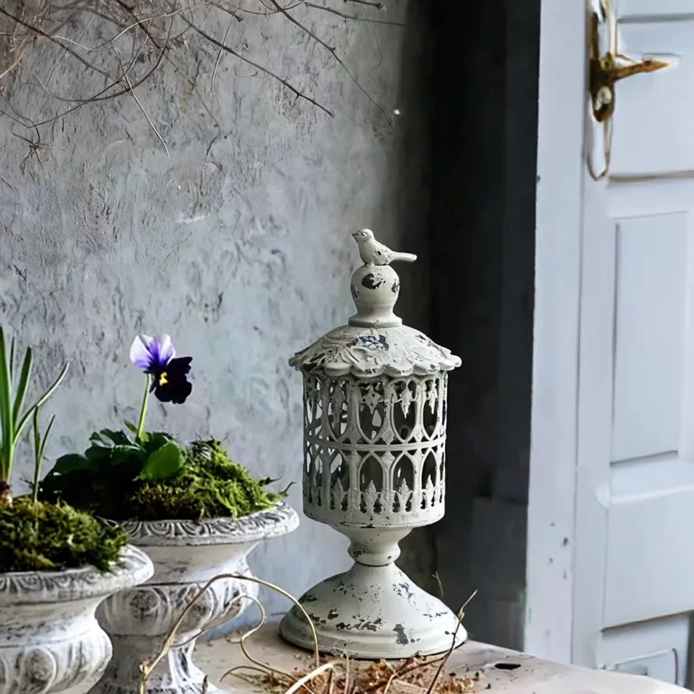 

Decorative Metal Candle Holder with Bird Finial, Distressed White Finish, Openwork Design Lantern, 30cm Height, Vintage Style