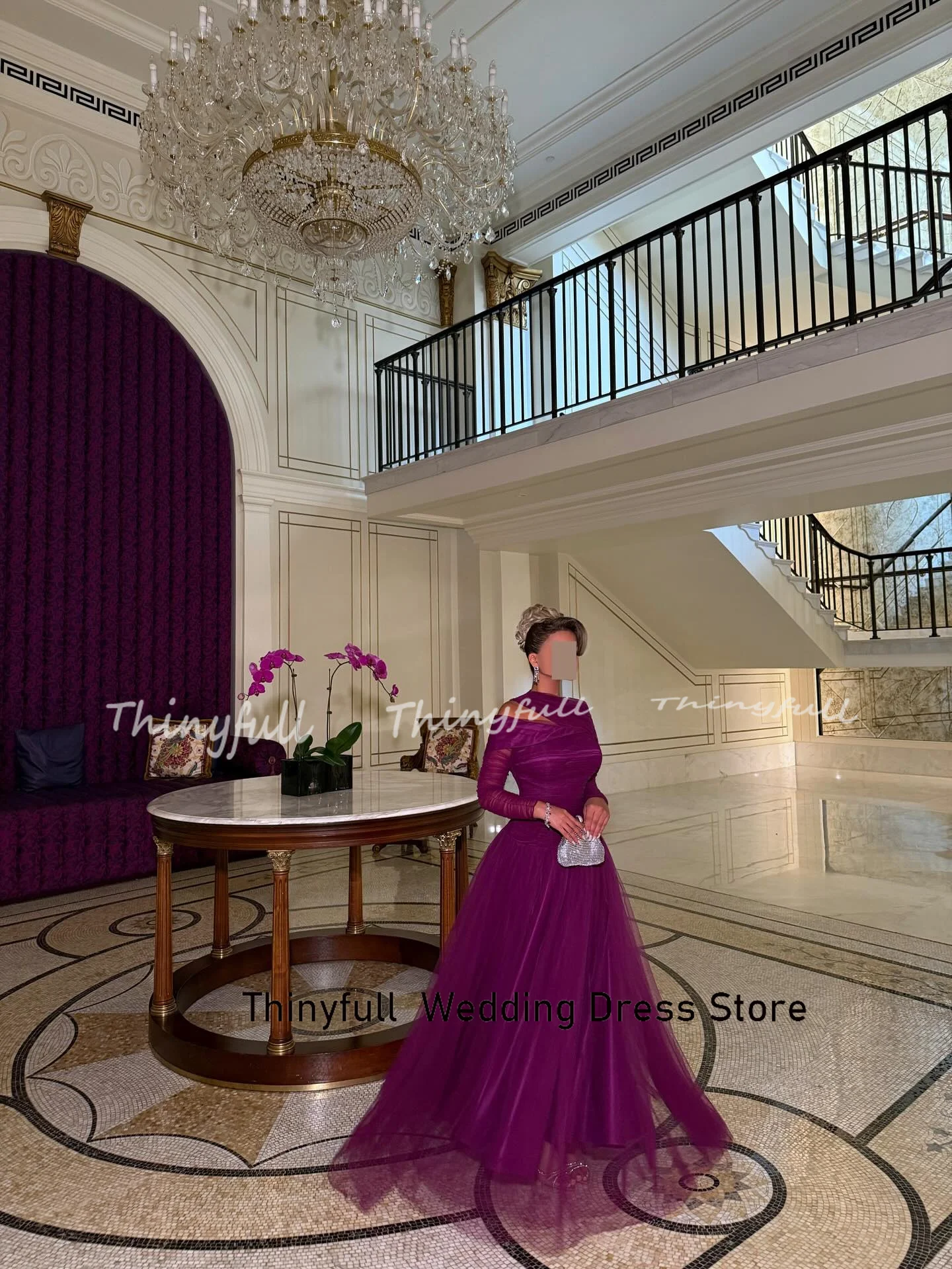 Thinyfull A라인 아랍 튤 프롬 드레스 긴 소매 이브닝 파티 드레스 두바이 공식 행사 가운 로브 드 소와레 맞춤 제작