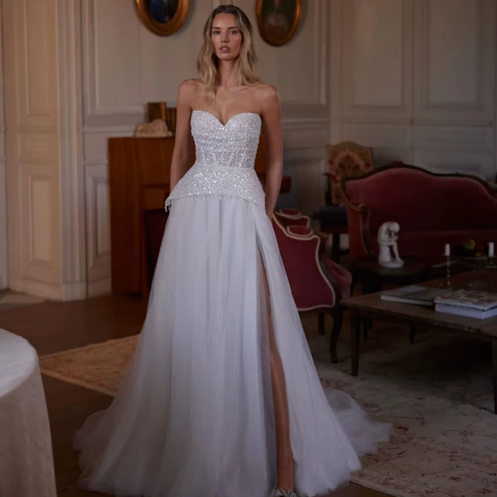 

Customized New With Corset Beaded Wedding Dress Glitter A-line Long Bridal Gown Dreamy Strapless High Slit Bridal Gown