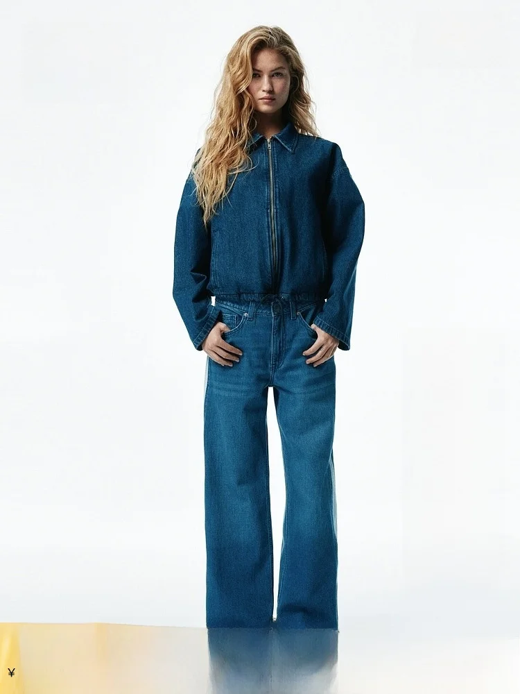 

H&M Summer New Women's Mid-Waist Side-Striped Wide-Leg Jeans Casual Fit Natural Waist Cotton 100% No Stretch Ladies Jeans