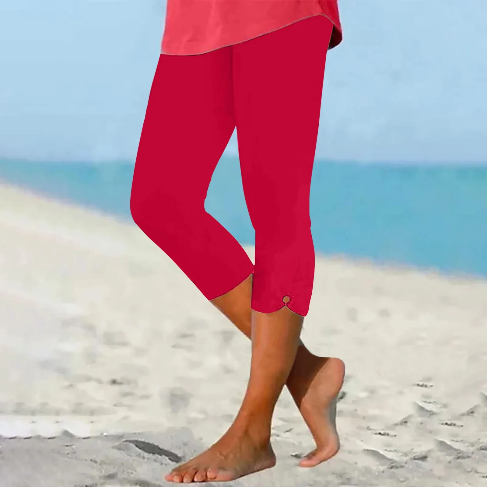 Calça de ioga feminina monocromática elástica de cintura alta, leggings de praia, calças elásticas finas cortadas, estilo férias de verão