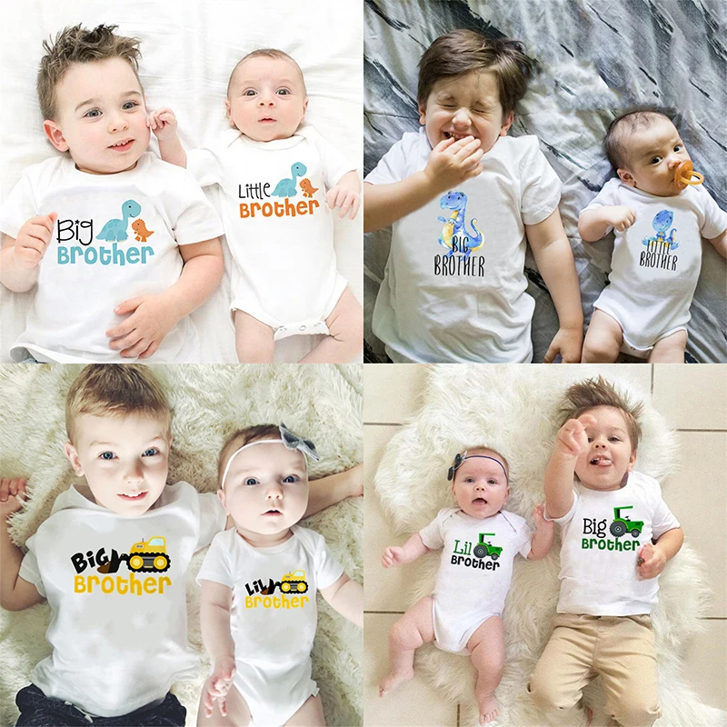 

Big Brother Little Brother Kids T shirt & Baby Rompers Dinosaur Truck Car Print Clothes Boys Sibling Family Matching Outfits