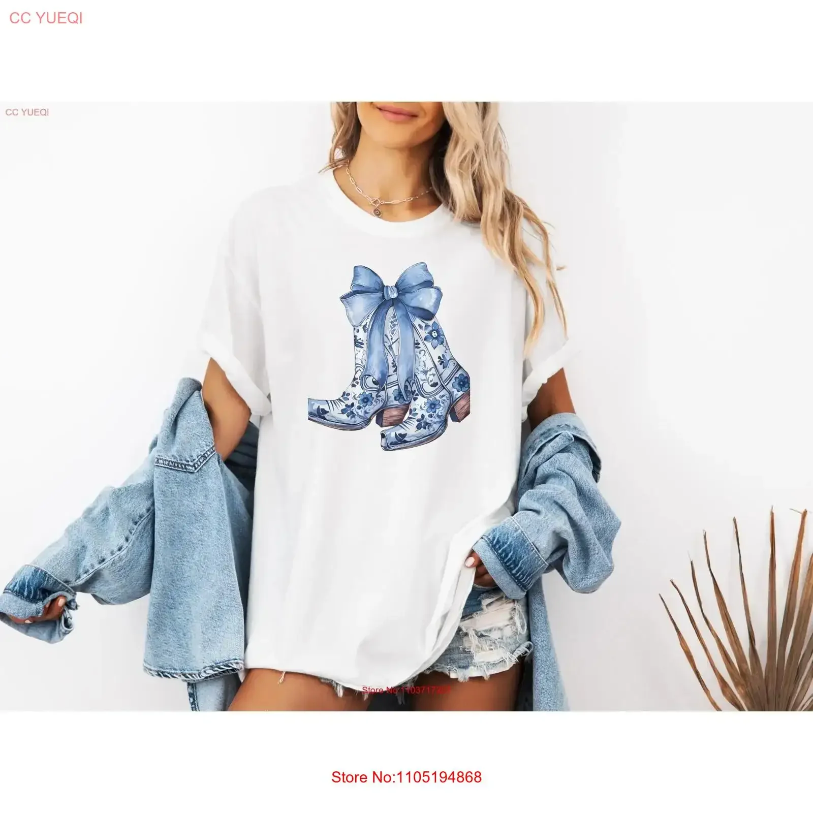 Blue Toile Cowgirl BooT T Shirt Country Concert Ladies western gift boots vintage Washed fashion Slightly Stylish