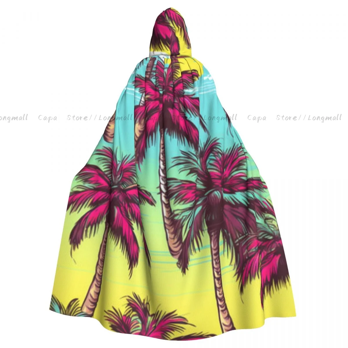 Palm Trees And Clouds Illustration Cloak Hooded Cosplay Costume Halloween Adult Long Party Cape