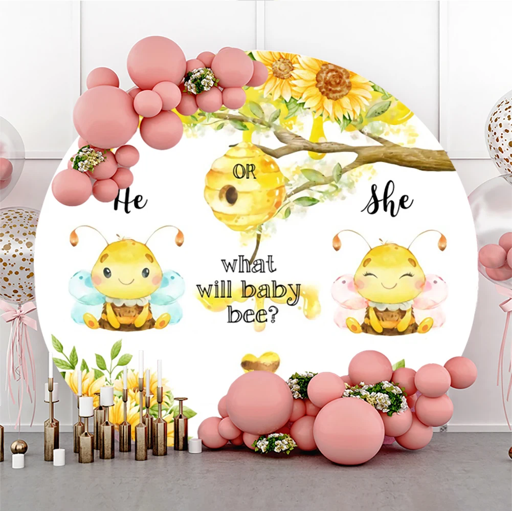 Laeacco Bee Gender Reveal Round Backdrop Sunflower Honeycomb What Will Baby Bee He or She Baby Shower Photography Background